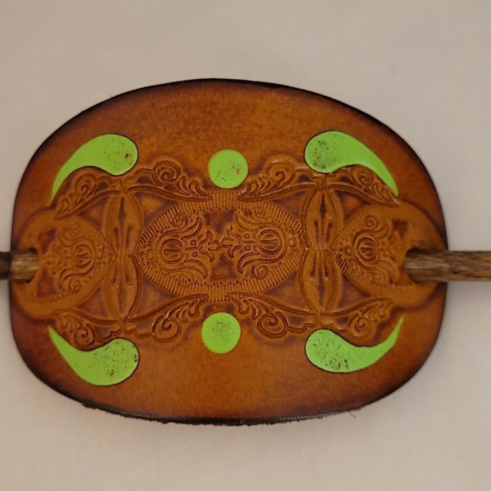 GENUINE LEATHER SLIDE BARRETTES 2 LARGE HAND TOOLED
